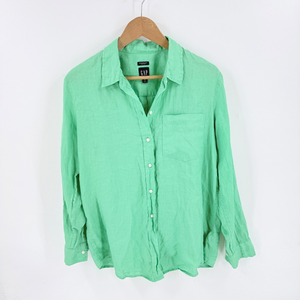 Gap Boyfriend Shirt Green Medium Petite 100% Linen Button Up Long Sleeve Top